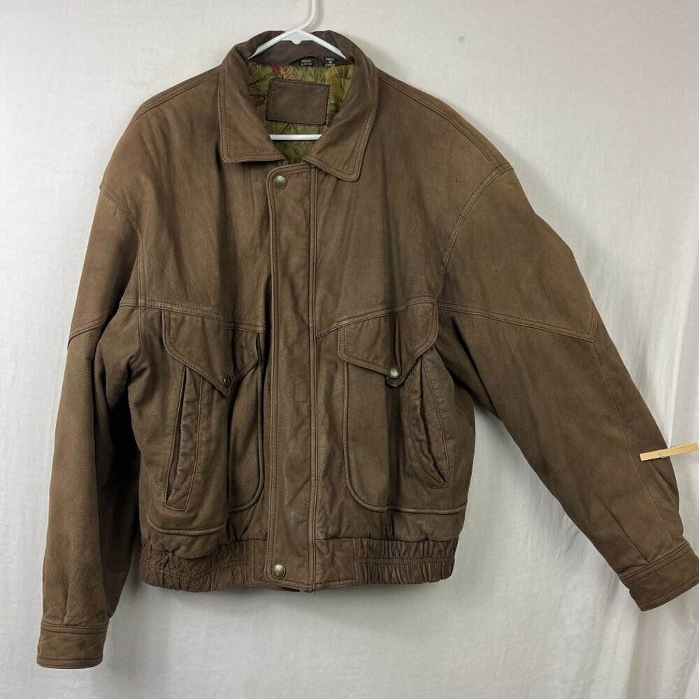 Vintage 90s Leather Bomber Jacket Men L Oversize Aviator Distressed Slouch Baggy